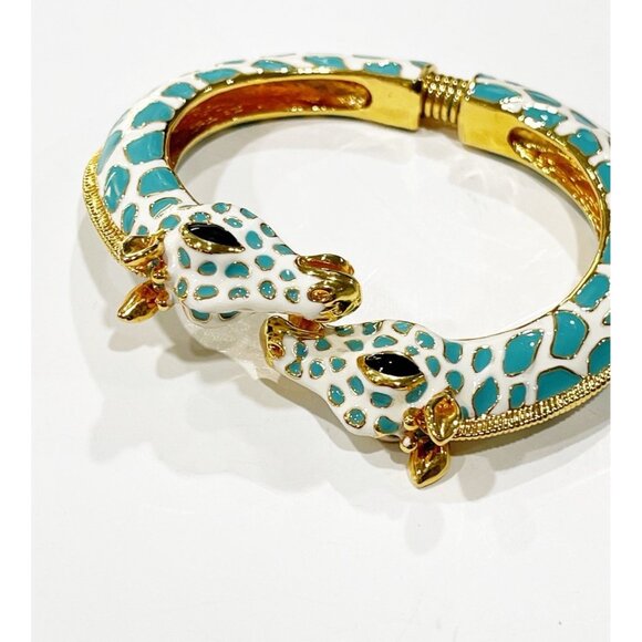 VTG KJL Kenneth Jay Lane Giraffe Blue Enamel Gold Tone Hinged Bracelet Bangle - Picture 5 of 7
